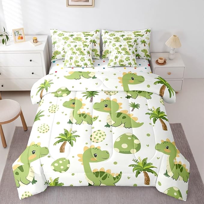 Feelyou Cute Dinosaur 7 Piece Bedding Set Cartoon Green Dinosaur Comforter Set with Sheets for Kids Boys Girls Animal Egg Bed in a Bag Coconut Tree Bed Set Soft Lightweight