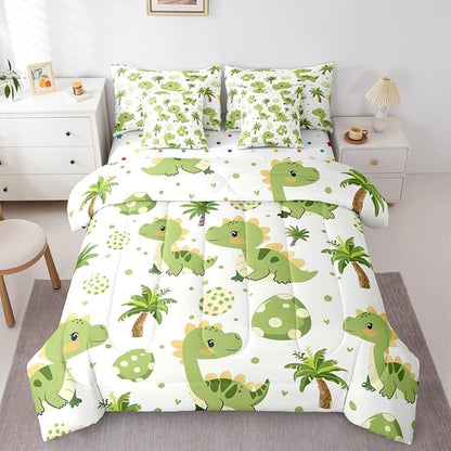 Feelyou Cute Dinosaur 7 Piece Bedding Set Cartoon Green Dinosaur Comforter Set with Sheets for Kids Boys Girls Animal Egg Bed in a Bag Coconut Tree Bed Set Soft Lightweight