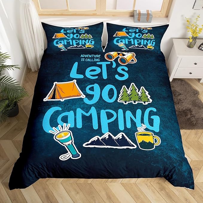 Happy Camping Duvet Cover Set King,Cartoon Camper Theme Comforter Cover Rustic Farmhouse Style Quilt Cover Navy Blue Bedding Set 3pcs for Kids Girls Teens Boys Room Decor with 2 Pillowcases