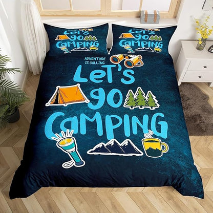 Happy Camping Duvet Cover Set King,Cartoon Camper Theme Comforter Cover Rustic Farmhouse Style Quilt Cover Navy Blue Bedding Set 3pcs for Kids Girls Teens Boys Room Decor with 2 Pillowcases