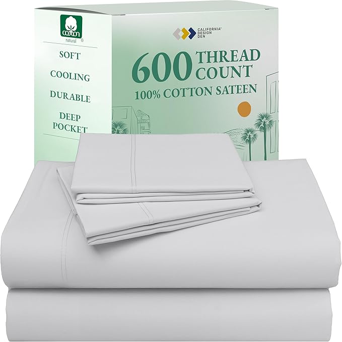 California Design Den Full Bed Sheets Set - Luxury 600 Thread Count Sateen, Natural 100% Cotton Bedsheets, Fully Elasticized Deep Pockets, Crisp, Cool and Durable Hotel Quality Bedding - Light Silver