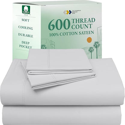 California Design Den Full Bed Sheets Set - Luxury 600 Thread Count Sateen, Natural 100% Cotton Bedsheets, Fully Elasticized Deep Pockets, Crisp, Cool and Durable Hotel Quality Bedding - Light Silver