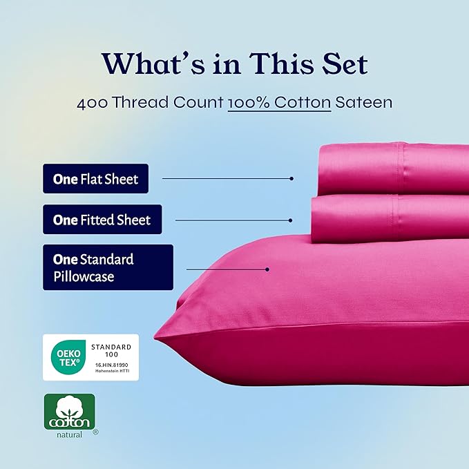 California Design Den Twin Sheet Set - 400 Thread Count Sateen, Natural 100% Cotton Sheets, Deep Pockets with All Around Elastic, Soft and Durable Bedding - Hot Pink