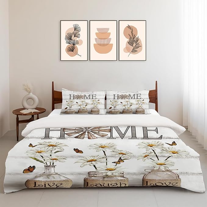 Daisy Flower Theme 3 Pieces Duvet Cover Comforter Set with 2 Pillowcase Queen Size White Floral Bed Sheet Quilt Bedroom Bedding for Lover Kids
