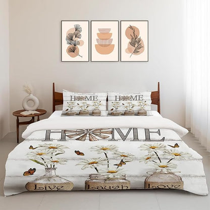 Daisy Flower Theme 3 Pieces Duvet Cover Comforter Set with 2 Pillowcase Twin Size White Floral Bed Sheet Quilt Bedroom Bedding for Lover Kids