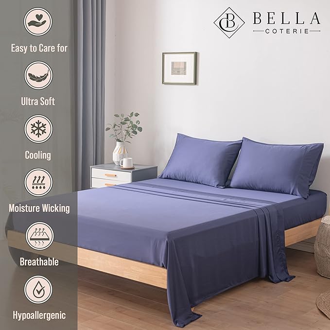 Bella Coterie Luxury Bamboo Viscose Split King Size Sheet Set | 2 Fitted Sheets for Sleep Number & Adjustable Beds | 100% Organically Grown | Cooling & Ultra Soft | 18” Deep Pocket [Twilight Blue]