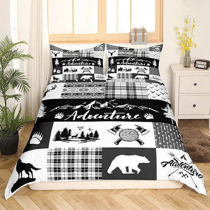 Hunting Adventure Duvet Cover Queen Size,Deer Antler Bear Pine Patchwork Duvet Cover Set for Children Adult,Arrow Lodge Boho Aztec Camper Grid Soft Comforter Cover for Bedroom, Zipper, Ties