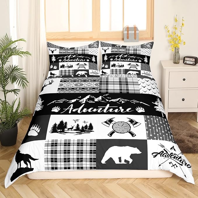 Rustic Farmhouse Bedding Set Twin Size,Deer Bear Wolf Wild Animals Hunting Comforter Cover Set for Kids Girls,Adventure Plaid Black Check Tribal Bedding Quilt Cover Set Bedroom Decor, 2 Pcs