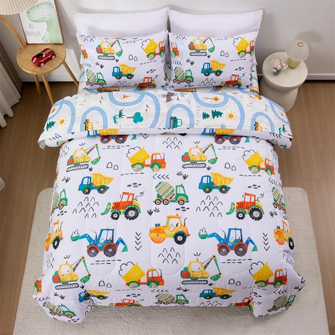 NTBED 5 Pieces Construction Truck Full Comforter Set for Boys Kids Colorful Painting Vehicles Excavator Lightweight Microfiber Bedding Sets