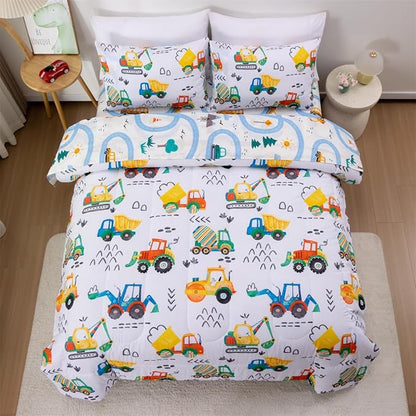 NTBED 5 Pieces Construction Truck Twin Comforter Set for Boys Kids Colorful Painting Vehicles Excavator Lightweight Microfiber Bedding Sets