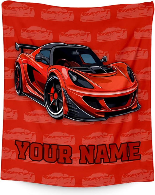 Personalized Racing Car Blanket, Cozy Soft Throw Gifts for Kids, Cute Red Flannel Throw Blankets for Bed Couch, 60x80 Inches