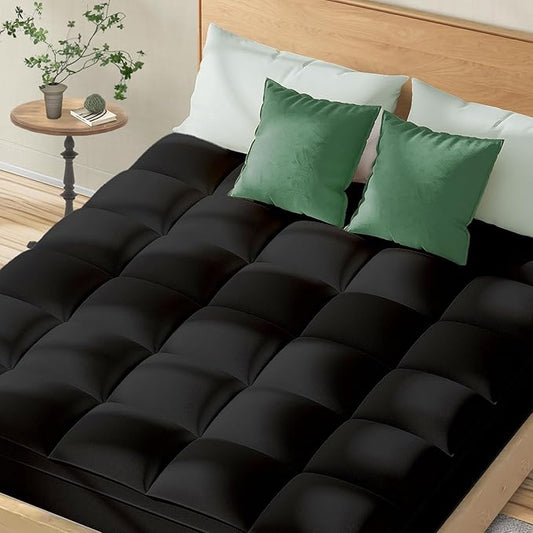 Topllen Mattress Topper Short Queen RV for Back Pain Relief, Extra Thick Pillow Top Plush Mattress Pad with Deep Pocket, Soft Pillowtop RV Size Bed Toppers Filled Fluffy Down Alternative, Black