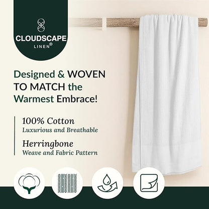 Cloud Scape Linen 100% Cotton Blanket Queen Size - Heavy and Soft, Season, Winter Cozy Thermal Blanket, Herringbone Weave, Best Gift for Women, fits Full Size Bed, 92x92, White