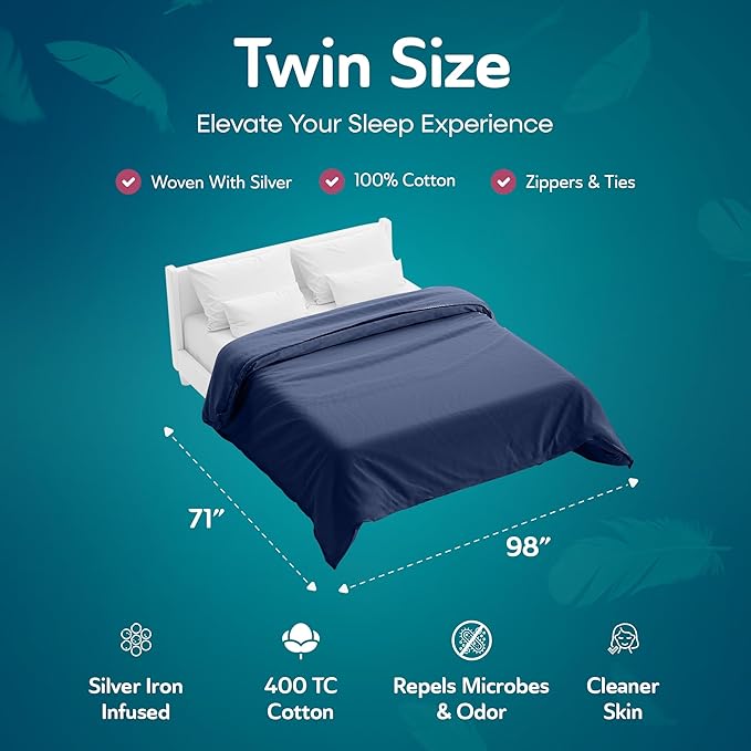 Sleepgram Supima Machine Washable 400 Thread Count Cotton Silver Ion Infused Luxury Zippered Duvet Cover with Travel Bag, Twin, Poseidon Blue