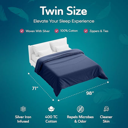 Sleepgram Supima Machine Washable 400 Thread Count Cotton Silver Ion Infused Luxury Zippered Duvet Cover with Travel Bag, Twin, Poseidon Blue