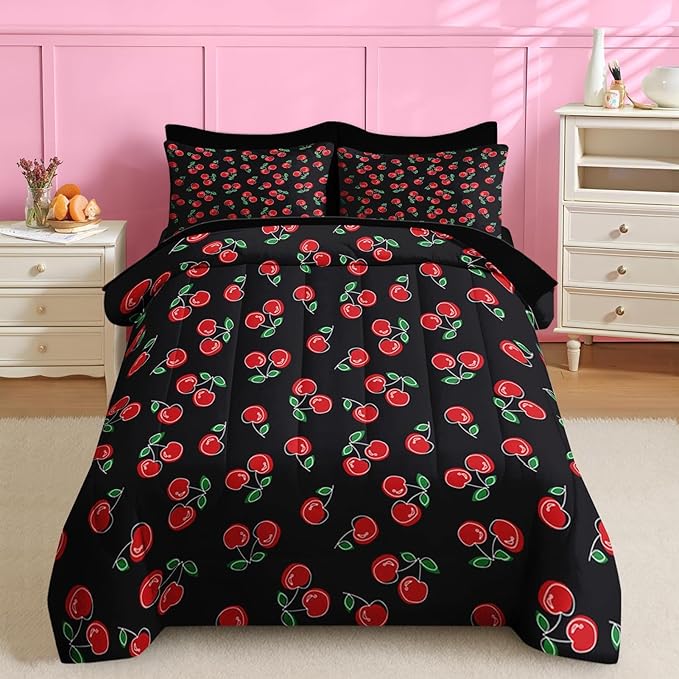 Nesker 7 Pcs Comforter Set Full Size, Retro Red Black Bedding for Kids Teen, Cherry Fruit Bed Sheet with Pillowcase & Sham