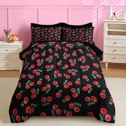 Nesker 7 Pcs Comforter Set Full Size, Retro Red Black Bedding for Kids Teen, Cherry Fruit Bed Sheet with Pillowcase & Sham