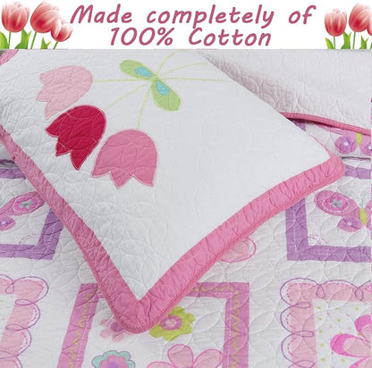 Cozy Line Home Fashions Pink Butterfly Tulip Floral Print Girl 100% Cotton Reversible Quilt Bedding Set, Coverlet, Bedspread (Twin - 4 Piece)
