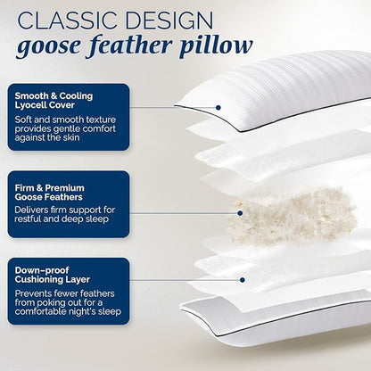 downluxe Goose Feather and Down Pillows - 2 Pack Gusseted Hotel Collection Feather Pillows for Back, Stomach or Side Sleepers, Bed Pillows King Size Set of 2 (18"x34"x2")