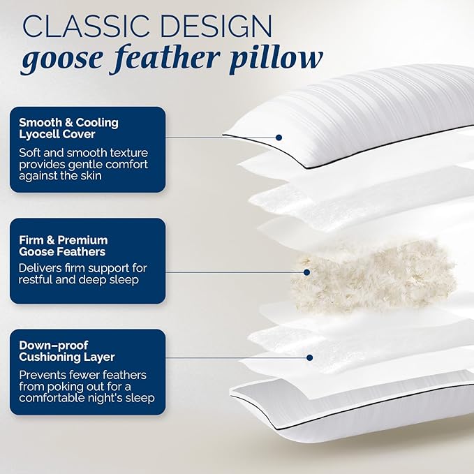 downluxe Goose Feather and Down Pillows - 2 Pack Gusseted Hotel Collection Feather Pillows for Back, Stomach or Side Sleepers, Queen Size Set of 2 (18"x26"x2")