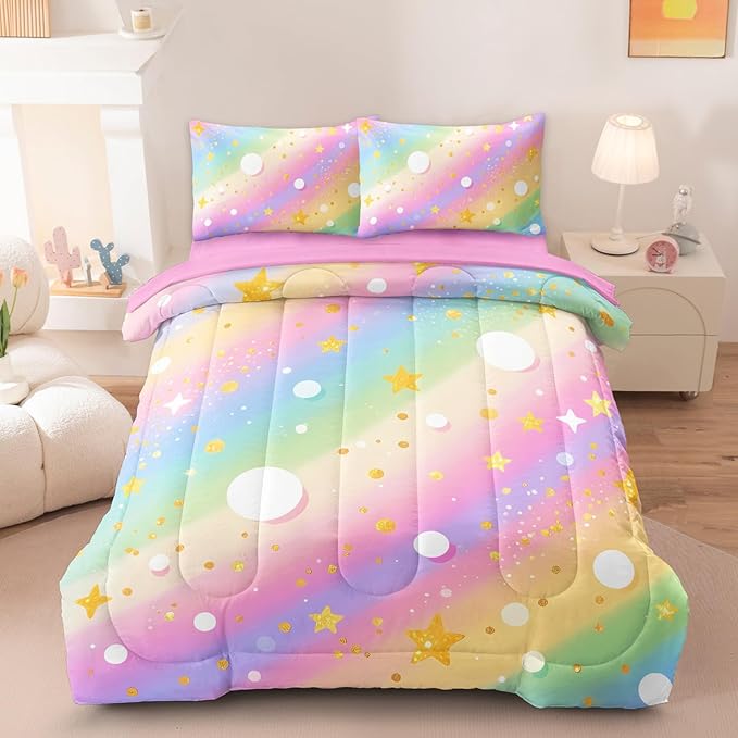 5 Pcs Twin Bedding Sets for Girls, Pink Glitter Rainbow Bed in A Bag Twin Size Bed Set, Stars Galaxy Bedding Comforter Set for Girls
