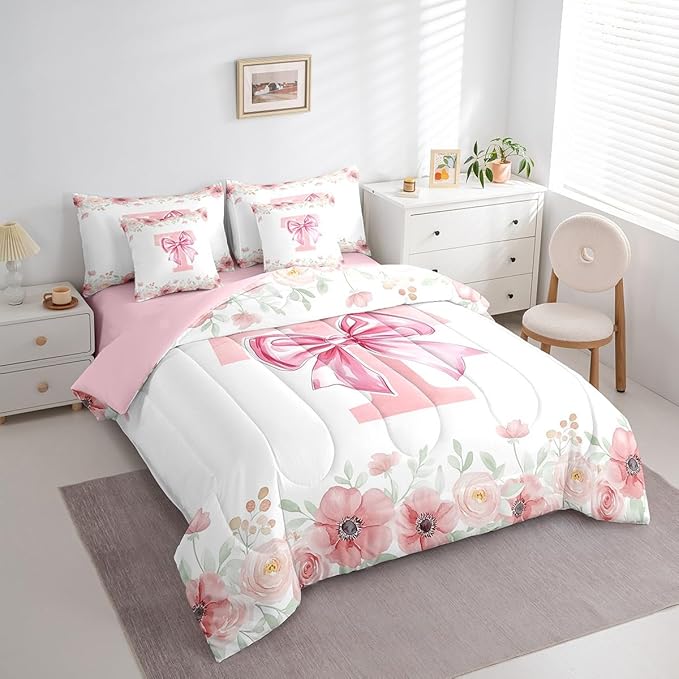 Erosebridal Flower Monogram T Bedding Sets Queen, Kawaii Pink Bow Tie Bowknot Bed in A Bag for Teens, Dreamy Princess Style Bed Set Bedroom Decor Spring Light Pink White Comforter Set with Sheets