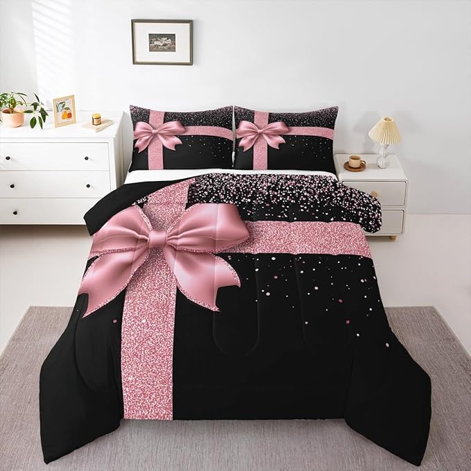 Pink Bowknot Children Comforter Set,Diamond Print (No Glitter)Bedding Set for Women Girls,Adults Soft Bling Party Comforter,Kids Pink and Black Quilted Duvet Bedroom Collection King Size 3Pcs