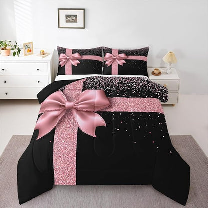Pink Bowknot Children Comforter Set,Diamond Print (No Glitter)Bedding Set for Women Girls,Adults Soft Bling Party Comforter,Kids Pink and Black Quilted Duvet Bedroom Collection King Size 3Pcs