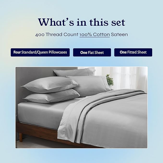 California Design Den 6-Pc Queen Size Sheet Set with 4 Pillowcases - 400 Thread Count 100% Cotton Sheets, Sateen Weave, Deep Pocket Bedsheets Set - Light Grey