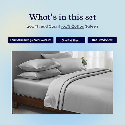 California Design Den 6-Pc Queen Size Sheet Set with 4 Pillowcases - 400 Thread Count 100% Cotton Sheets, Sateen Weave, Deep Pocket Bedsheets Set - Light Grey