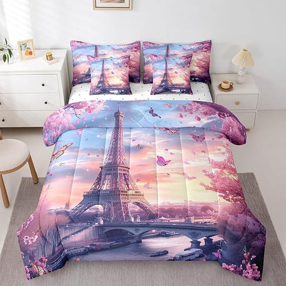 Feelyou Eiffel Tower Comforter Set with Sheets King Size Paris 7 Piece Bedding Set for Adult Boys Girls Teens Pink Flower and Butterfly Bed in a Bag Romantic Bed Set