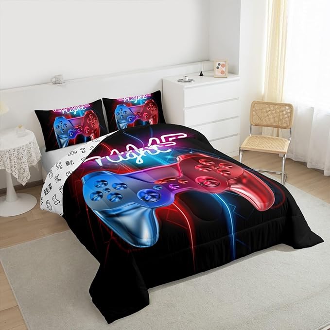 Feelyou Boys Gaming Comforter Set Toddler Size Teens Gamer Bedding Set Modern Blue Red Video Game Controller Comforter for Kids Children Youth Bedroom Decor Gamer Console Action Buttons Duvet Set