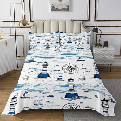 Erosebridal Lighthouse Bedspread King Size, Nautical Bedspread Quilt Set Anchor Rudder Coverlet Set for Kids Adult, Modern Fade Quilt Set Soft Microfiber Nautical Decorative