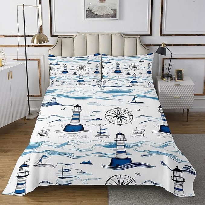 Erosebridal Lighthouse Bedspread Queen Size, Nautical Bedspread Quilt Set Anchor Rudder Coverlet Set for Kids Adult, Modern Fade Quilt Set Soft Microfiber Decorative