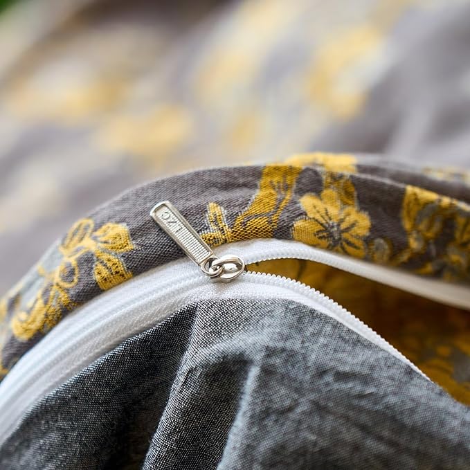 BuLuTu Soft Cotton Muslin Duvet Cover Set Twin Size, Yellow Floral Print Boho Quilt Cover Vintage Cottage Jacquard Comforter Cover with 2 Pillowcase, 68"x86", Zipper Closure & Corner Ties