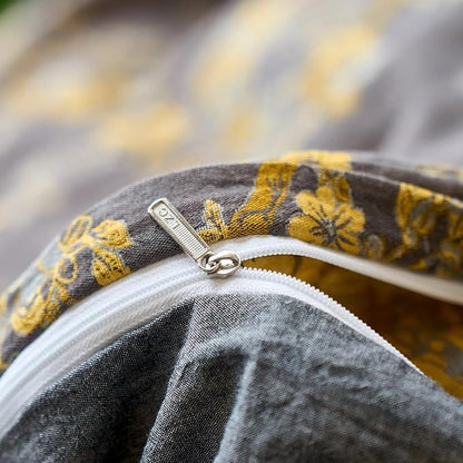 BuLuTu Jacquard Textured Muslin Duvet Cover Set Queen, Cottage Yellow Floral Comforter Cover, Ultra Soft Breathable Yarn-Dyed Cotton Quilt Cover with 2 Pillow Cases, 90"x90", All Seasons