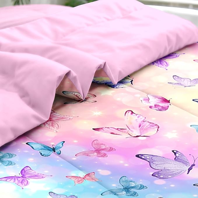 Comforter Set Queen Size, Pink Blue Butterfly 7 Pcs Bedding for Kids and Adults, Purple Colorful Rainbow Bed Sheet Sets with Fitted Sheet 2 Pillowcases & 2 Shams for Bedroom Bed Decor