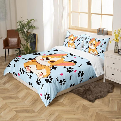 Cute Corgi Duvet Cover Set King Size,Cartoon Dog Footprint Bones Bedding Set 3pcs for Kids Boys Girls Room Decor,Smiling Doggy Comforter Cover Family Paw Quilt Cover with 2 Pillowcases,Blue