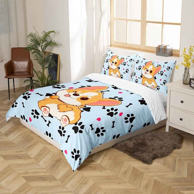 Cute Corgi Duvet Cover Set Twin Size,Cartoon Dog Footprint Bones Bedding Set 2pcs for Kids Boys Girls Room Decor,Smiling Doggy Comforter Cover Family Paw Quilt Cover with 1 Pillowcase,Blue