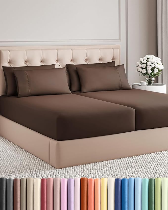 Split King Bed Sheet Set - 7 Piece Split King Bed Sheet Set - Soft Hotel Luxury Bedding - Cooling, Comfy & Breathable - 1 Flat & 1 Fitted & 4 Pillowcases w/ Deep Pockets - Wrinkle & Fade Free - Brown