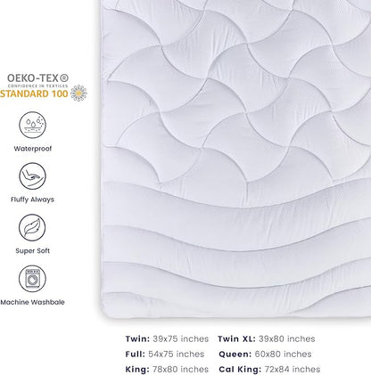 SLEEP ZONE Waterproof Twin Mattress Topper for College Dorm, Cooling Breathable Mattress Cover, (White, Twin)