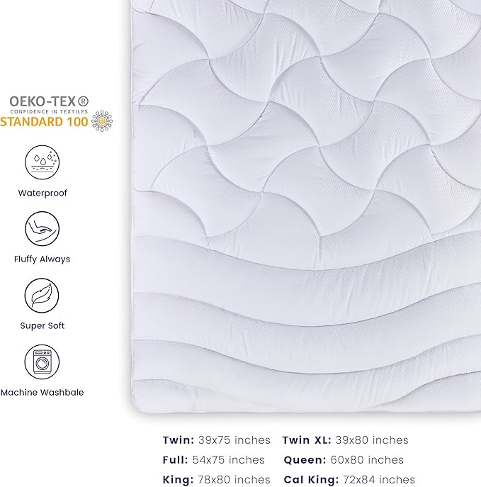 SLEEP ZONE Twin XL Waterproof Mattress Pad for College Dorm Room, Thick Mattress Pad, Breathable and Noiseless (White, Twin XL)