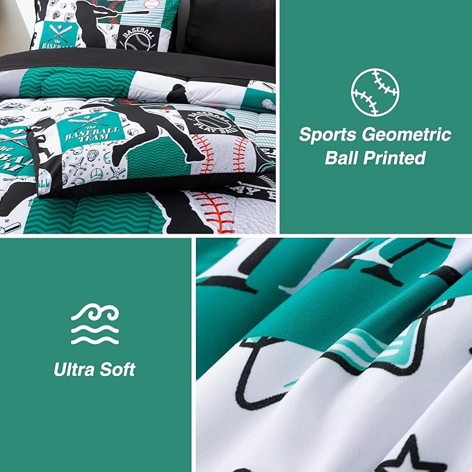 A Nice Night Sports Geometric Grid Black Patchwork Baseball Printed for Boys Queen 6Pcs Bed in A Bag Comforter Bedding Set,Green