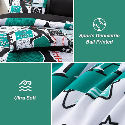 A Nice Night Sports Geometric Grid Black Patchwork Baseball Printed for Boys Queen 6Pcs Bed in A Bag Comforter Bedding Set,Green