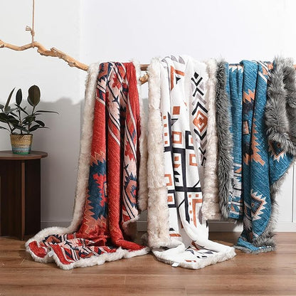 Luxury Plush Faux Fur Throw Blanket with Aztec Pattern, Super Warm, Fuzzy, Elegant, Fluffy Decoration Blanket for Couch, Armchair, Sofa and Bed, 50''x 60'', Red