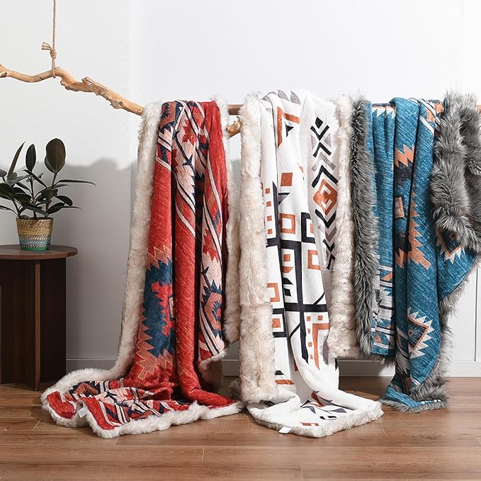 Luxury Plush Faux Fur Throw Blanket with Aztec Pattern, Super Warm, Fuzzy, Elegant, Fluffy Decoration Blanket for Couch, Armchair, Sofa and Bed, 50''x 60'', Teal