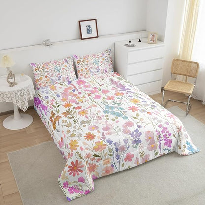 Erosebridal Cute Pink Floral King Bedding Set for Girls Kids Women,Colorful Boho Flower Comforter Set Farmhouse Home Decor,Watercolor Wildflower Quilt Bed Set Rustic Flowers Bed Comforter Set 3Pcs