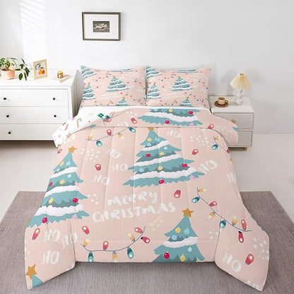 Erosebridal Christmas Tree Comforter Set for Kids Teens Adult,Xmas Bedding Full,Happy New Year Comforter Sets,Winter Festivals Duvet Insert with 2 Pillow Shams, Pink