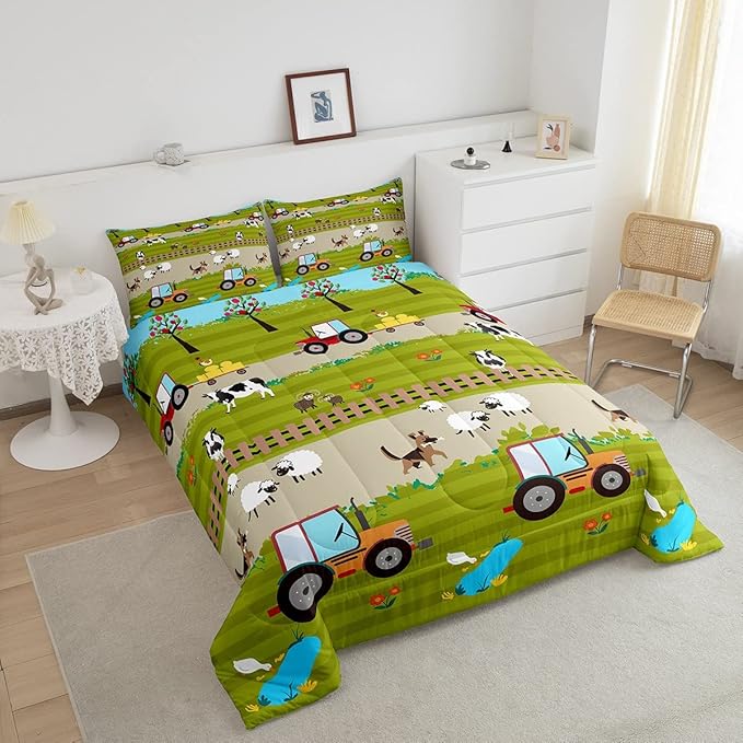 Feelyou Tractor Bedding Sets for Boys Twin Size, Toddler Kids Cute Cartoon Farm Animals Comforter Set Happy Farmhouse Country Warm Cozy Comforter for All Season Room Decor