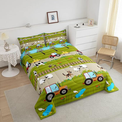 Feelyou Tractor Bedding Sets for Boys Queen Size, Kids Cute Cartoon Farm Animals Comforter Set Happy Farmhouse Country Warm Cozy Comforter for All Season Room Decor Boys
